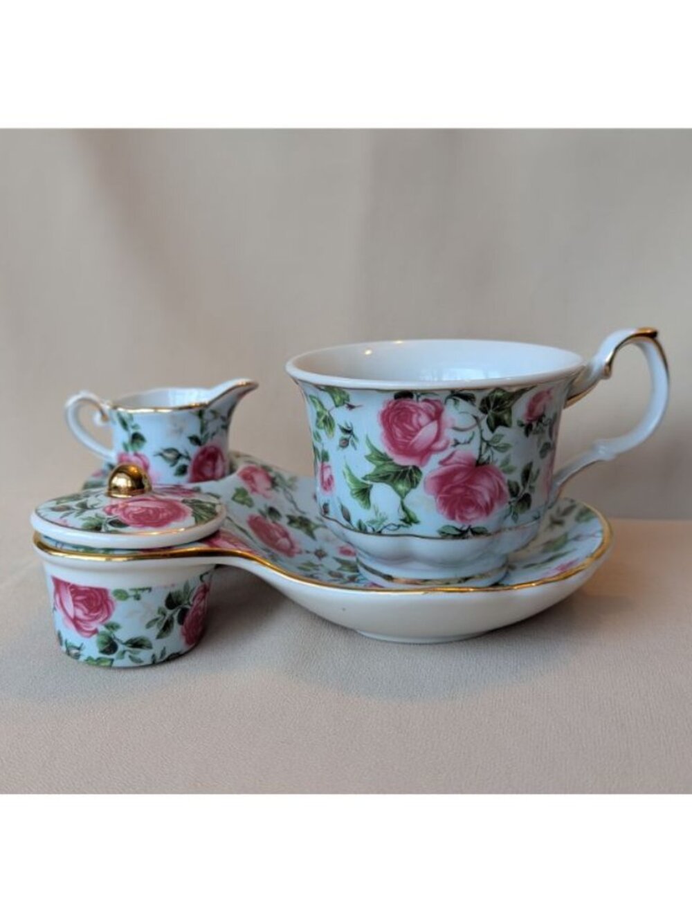 Vintage Rare SORELLE Fine Porcelain Tea Set for One Pink Rose Floral